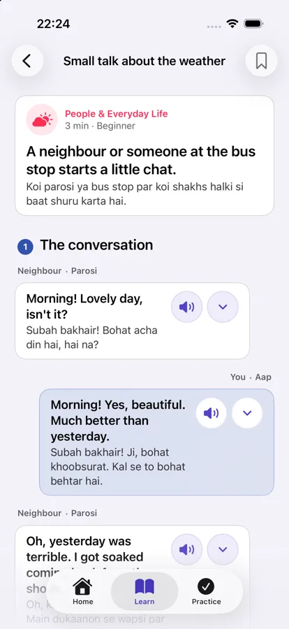 An example conversation in Hello Bolo, with English and Roman Urdu shown together.