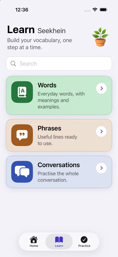 The Learn screen in Hello Bolo, listing everyday categories such as NHS and Health.